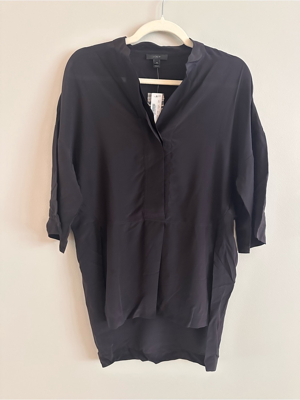 NWT J.Crew 100% Silk Oversized Tunic Blouse Black High Low Size XS